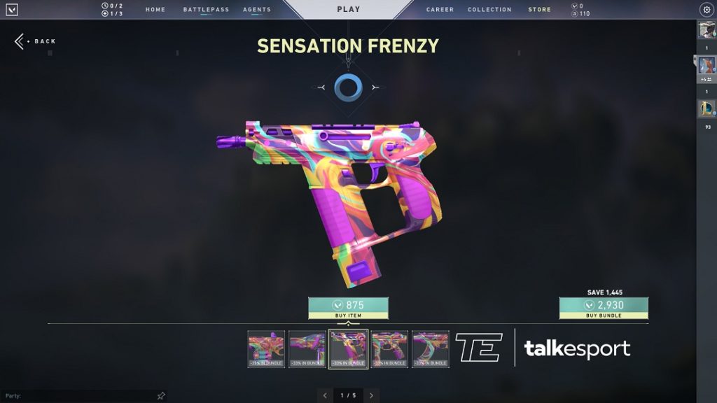 Lot de skins Valorant Sensation prix photos a linterieur