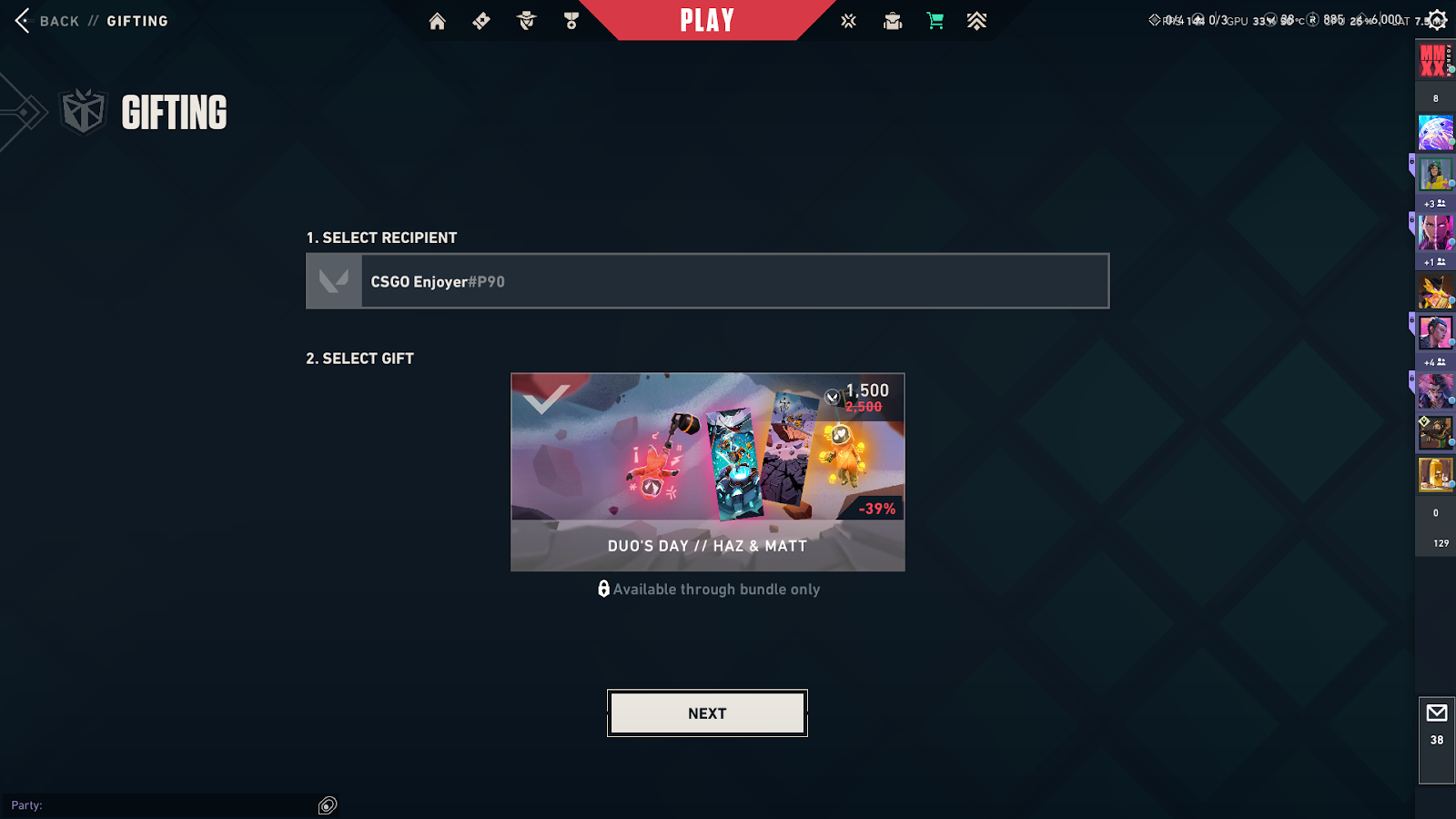 Sélection du destinataire d'un cadeau dans Valorant